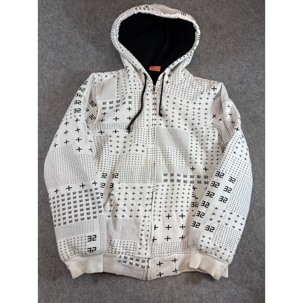 Vintage Thirty Two Polar Fleece Lined Heavy Warm Hoody Mens S White Zip Up Y2K